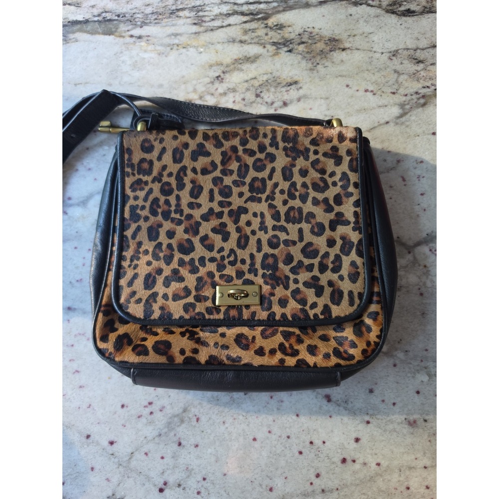 Fossil Memoir Flap Cheetah Black Leather &‎ Calf Hair Crossbody Bag Vintage
